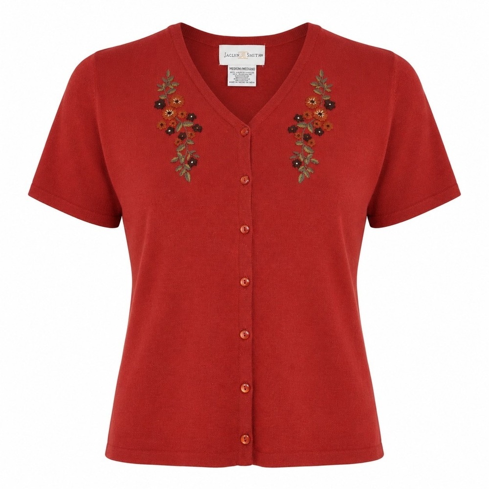 Jaclyn Smith Women's Medium Red Floral Embroidered Short Sleeve Cardigan Sweater